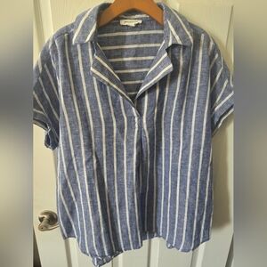 Blue and White Striped Linen Short Sleeve Top